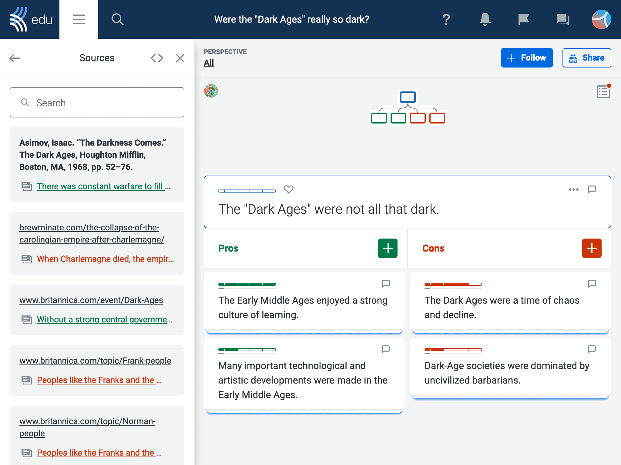 The sources sidebar, populated with sources used in the discussion, appears in a tab on the left side of a discussion.