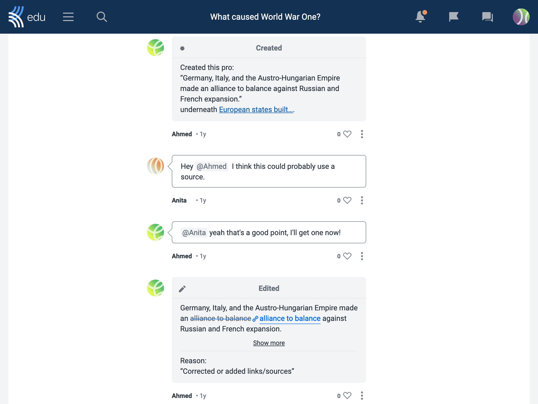 A student comments under a claim to suggest adding a source to the claim. Another student replies that it's a good idea and adds a source to this claim.