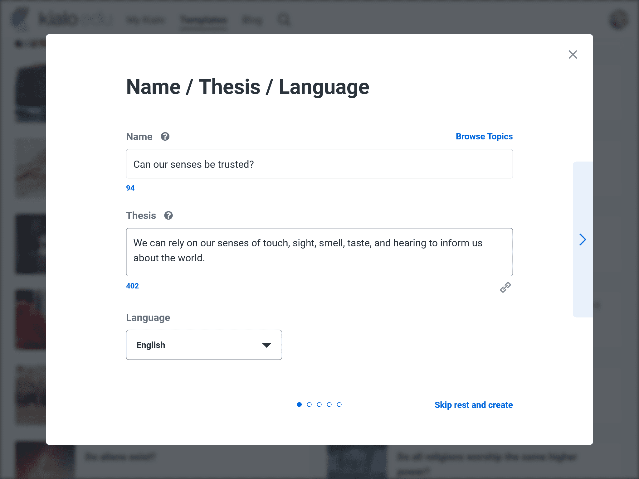 A screen on the Discussion Creation Wizard that shows that a user can customize the Name, Thesis, and Language of a Template. 