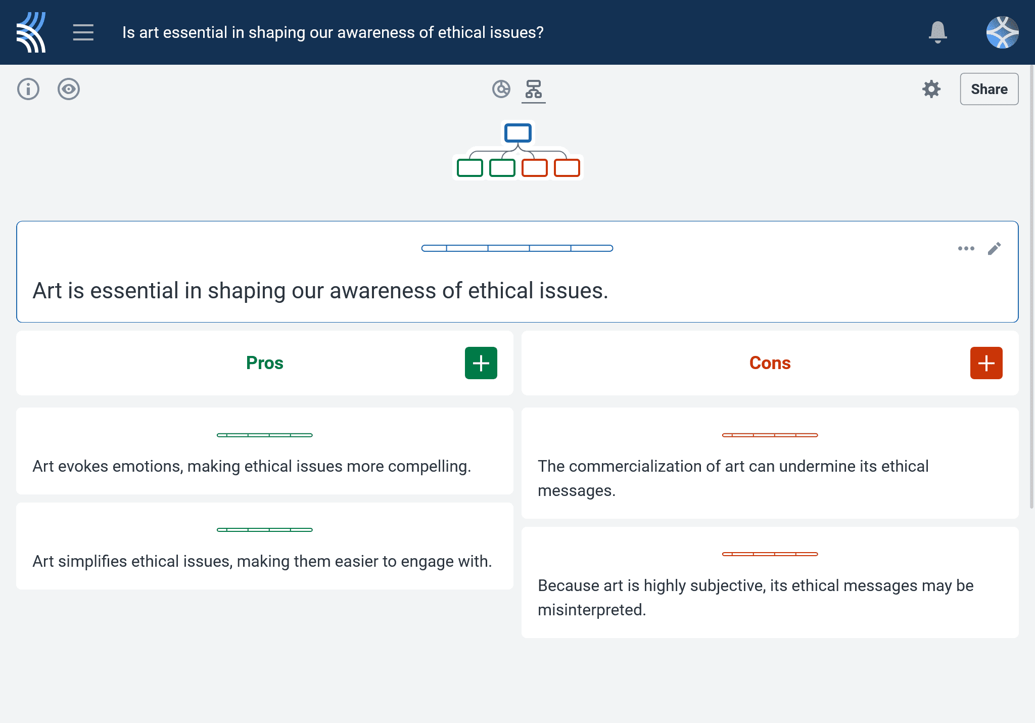A screenshot of a Kialo discussion titled "Can art be unethical?" The structured argument map shows the central thesis with pro and con claims branching beneath it, encouraging students to explore the ethical dimensions of art through critical discussion.